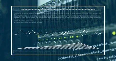 Image of computer language and graph over data server systems Stock Photos