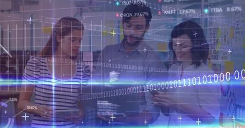 Image of computer language and graphs over diverse man explaining over lapt.. 스톡 사진