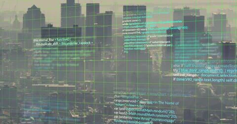 Image of computer language and grid pattern over aerial view of modern city.. Stock Photos