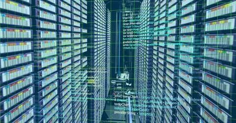 Image of computer language and grid over data server racks 스톡 사진