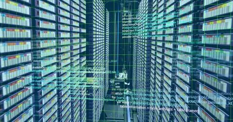 Image of computer language and grid over data server racks Foto stock