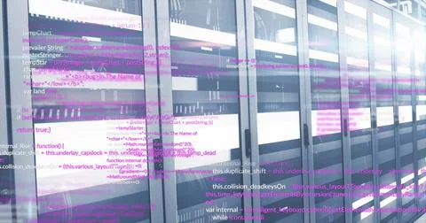 Image of computer language and illuminated light moving on data server racks Illustrazione stock
