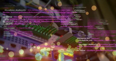 Image of computer language and lens flares over wires connected to modems Stockfoto's