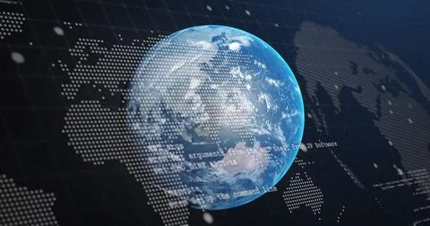 Image of computer language and map over globe against abstract background Stockillustratie