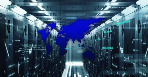 Image of computer language and map over connected dots on data server racks Foto stock