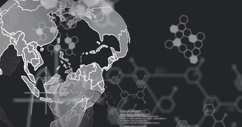 Image of computer language and molecule structures over rotating globe on black Stock Photos