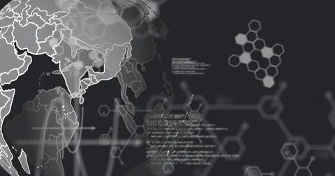 Image of computer language and molecule structures over rotating globe on black Stock Photos