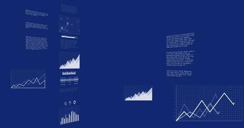 Image of computer language and multiple graphs and data over blue background Stockfoto's