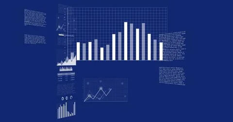 Image of computer language and multiple graphs and data over blue background Stock-Fotos