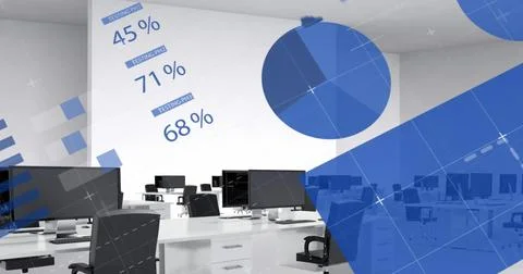 Image of computer language and reports over desktop computers on desks in o.. Stock Photos