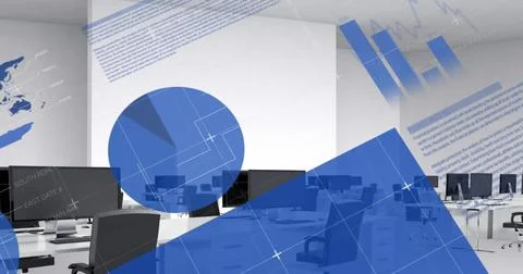 Image of computer language and reports over desktop computers on desks in o.. Stock-Fotos