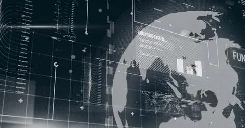 Image of computer language and rotating globe over texts, map, graphs and Foto stock