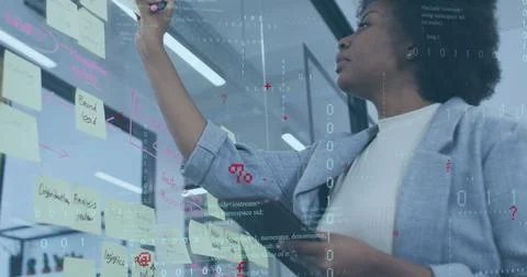 Image of computer language, binary codes over african american woman sticking Stock Photos