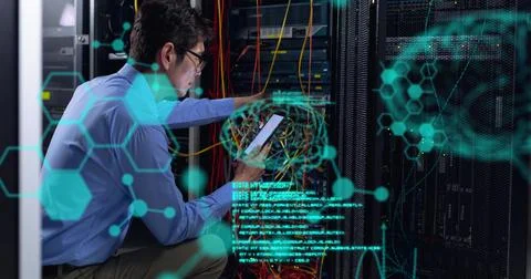 Image of computer language, brains over asian man checking data server using イラスト素材