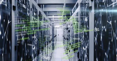 Image of computer language, changing numbers over connected dots on data se.. Foto stock