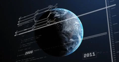 Image of computer language with circuit board pattern and numbers over circles Stockfoto's