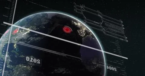 Image of computer language with circuit board pattern and numbers over circles Stock Photos