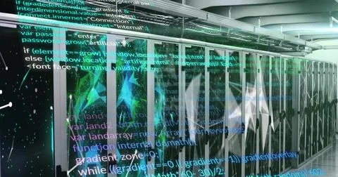 Image of computer language, connected dots, globe over data server systems .. 写真素材