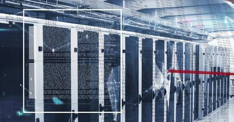 Image of computer language, connected dots, red lines moving over data server Stock Photos