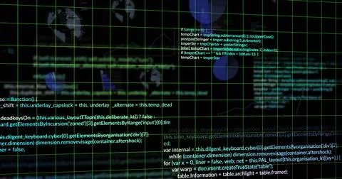 Image of computer language, globe and graphs over black background Stockfoto's