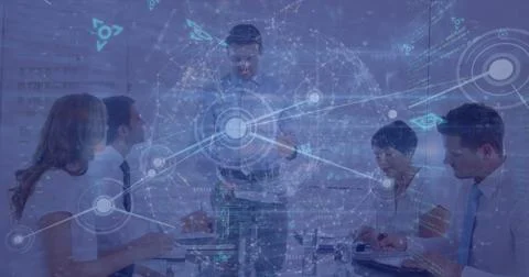 Image of computer language, globe and dots over caucasian man briefing project Stock Photos