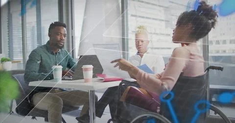 Image of computer language, globe, diverse coworkers with coffee discussing Stock Photos