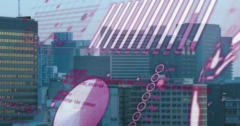 Image of computer language, globe, graphs, loading circles over aerial view of Stock Photos