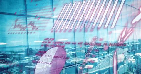 Image of computer language, globe, graphs over aerial view of cityscape against Stock Photos