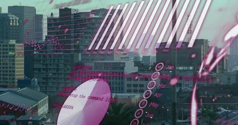 Image of computer language, globe, graphs, loading circles over aerial view of Stock Photos