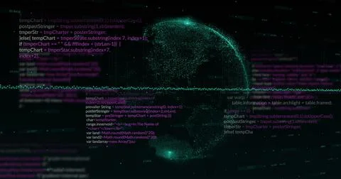 Image of computer language, graphs, globe and changing numbers over black Stock Illustration
