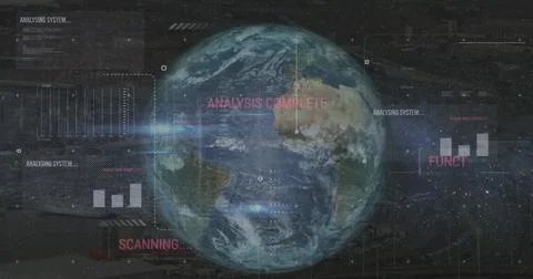 Image of computer language, graphs, texts and lens flare against rotating globe Stock Photos