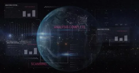 Image of computer language, graphs, texts and lens flare against rotating globe Stock Photos