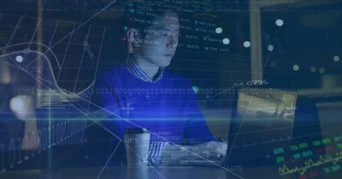 Image of computer language , graphs, trading board, asian man working on laptop Foto stock