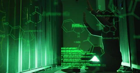 Image of computer language, molecule structures, caucasian man using vr headset Stock Illustration