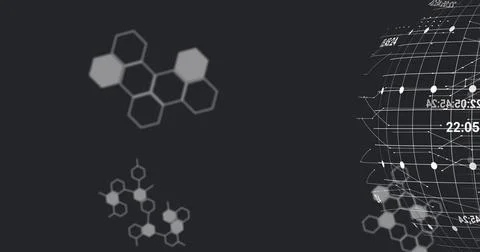 Image of computer language, molecule structures and grid pattern over globe on Stockfoto's