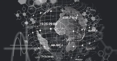 Image of computer language, molecule structures and grid pattern over globe on Stock Photos