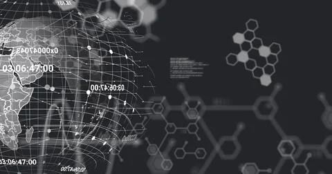 Image of computer language, molecule structures and grid pattern over globe on 写真素材
