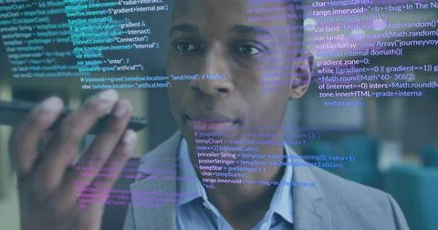 Image of computer language over african american businessman using voice 스톡 사진