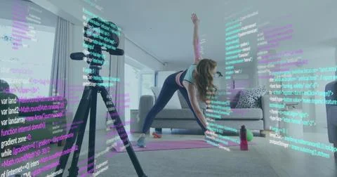 Image of computer language over caucasian woman recording stretching on image Stock Photos