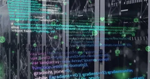 Image of computer language over connected dots on data server systems in se.. Stock Photos