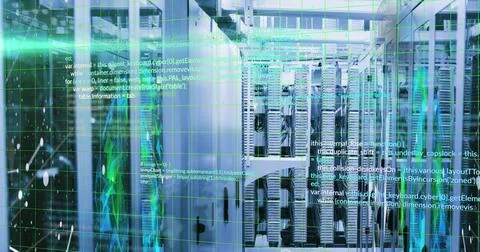 Image of computer language over connected dots and globe over data server Stock Photos