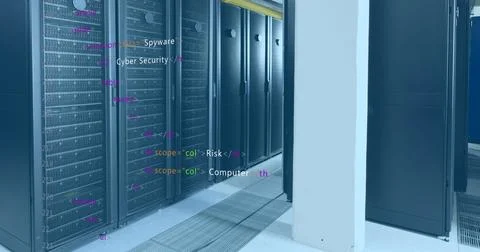 Image of computer language over data server racks Stock Photos
