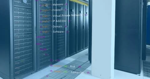 Image of computer language over data server racks Stock Photos