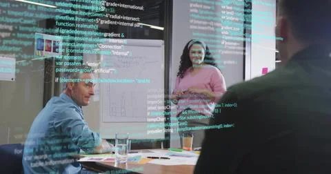 Image of computer language over diverse female explaining reports to coworkers Stock Photos