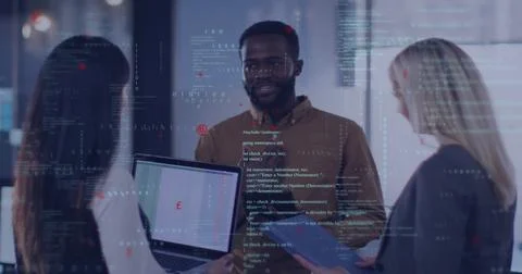 Image of computer language over diverse coworkers standing and sharing ideas in Stock Photos