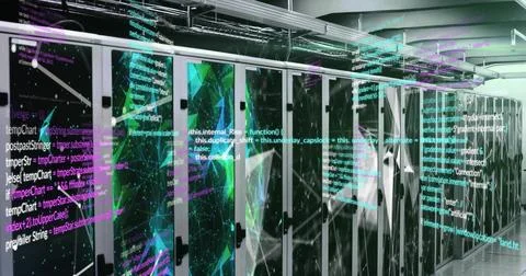 Image of computer language over globe and connected dots on data server syste 库存照片