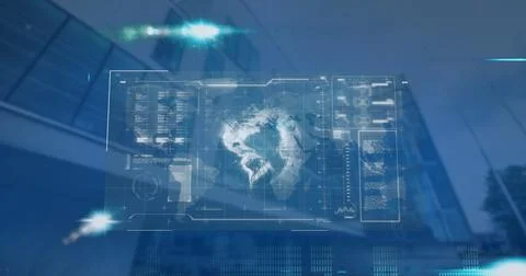 Image of computer language over globe, loading bars, circles against low angle Stock Photos