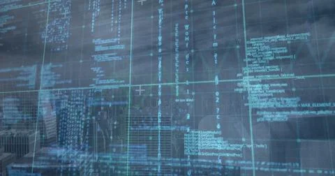 Image of computer language over infographic interface, modern cityscape aga.. Stock Photos