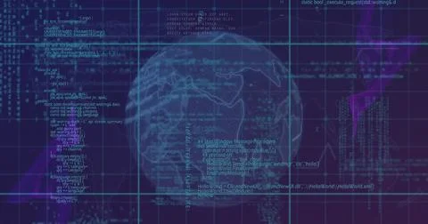 Image of computer language over lines around globe against abstract background Stock Photos