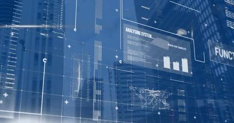 Image of computer language over loading bars, map, graph, texts over low angle Stock Photos